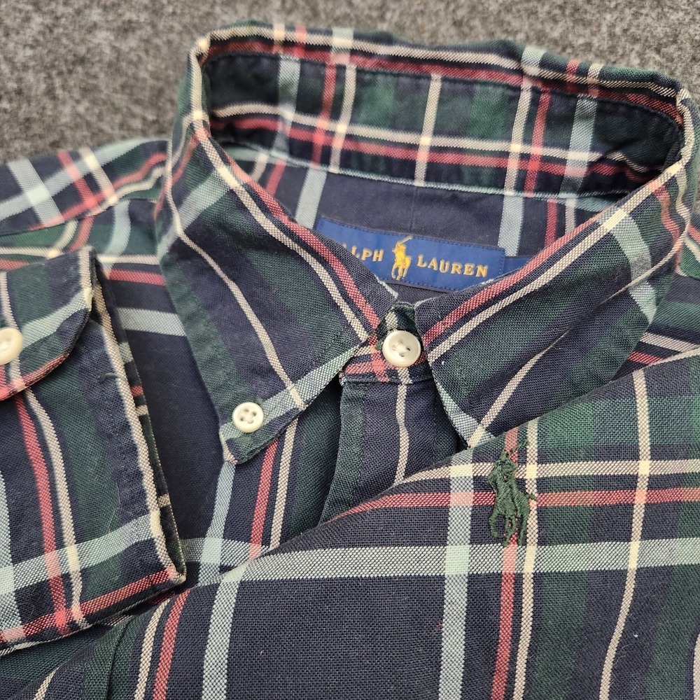 Ralph Lauren Mens Small Navy Blue Plaid Button Down Shirt Green Pony Office